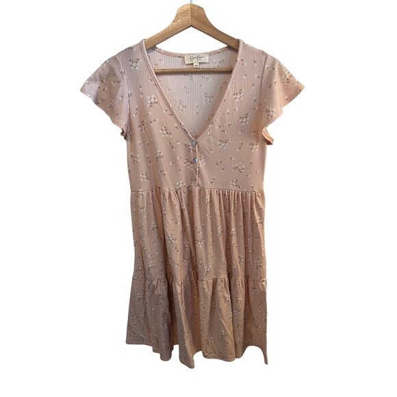 Jessica Simpson Pink Floral Tiered Mini Dress Women's Size L Ruffle Flutter Slee - Picture 1 of 4